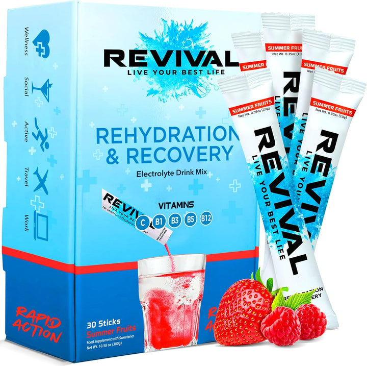 Revival Rapid Rehydration Electrolytes Powder - High Strength Vitamin C, B1, B3, B5, B12 Supplement Sachet Drink, Effervescent Electrolyte Hydration Tablets - 12 Pack Assorted Flavours