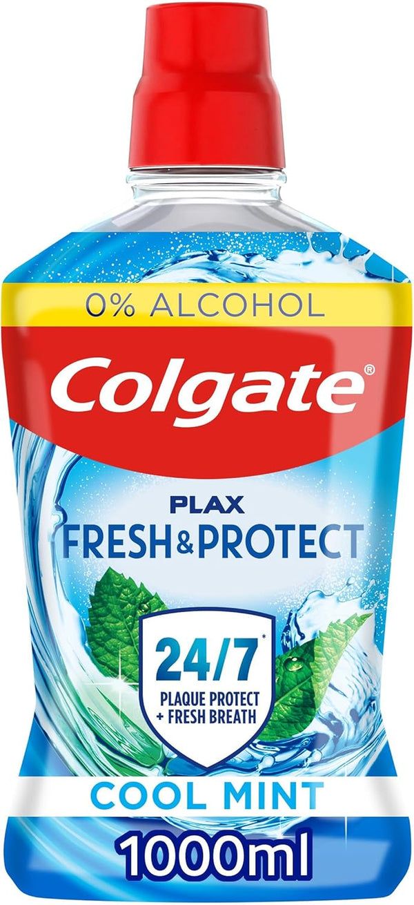 Plax Cool Mint Alcohol Free* Mouthwash 1L - Mouthwash Alcohol Free* - Instant Long-Lasting Freshness - No Burn Experience - 24/7 Plaque Protection When Used Twice Daily