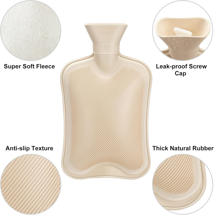 Hot Water Bottle with Fleece Cover, 2L Bag for Cold & Hot Therapy, Fluffy for Back Neck Pain Relief for Adult Kids