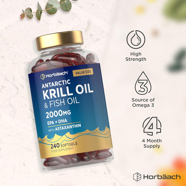 Antarctic Krill Oil 2000Mg | 240 Softgels (4 Month Supply) | with Omega 3 Fish Oil (EPA & DHA), Astaxanthin, and Phospholipids | High Strength Complex | by