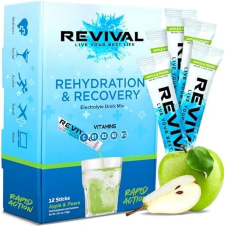 Revival Rapid Rehydration Electrolytes Powder - High Strength Vitamin C, B1, B3, B5, B12 Supplement Sachet Drink, Effervescent Electrolyte Hydration Tablets - 12 Pack Assorted Flavours