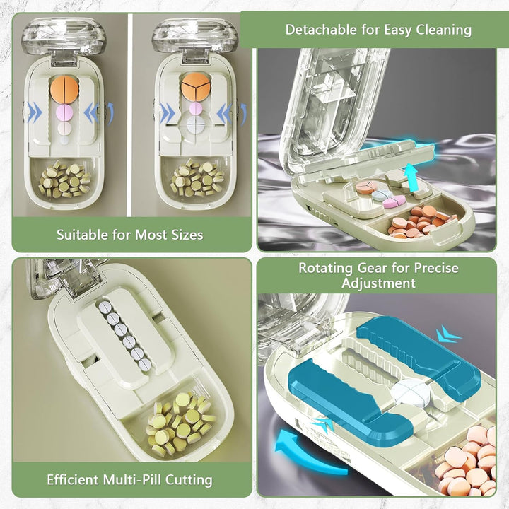 Pill Cutter, New Adjustable Pill Cutters Splitter for Small & Tiny & Large Pills, Portable 1/2 1/3 1/4 Tablet Cutter for Pills, Cutting & Storage 2-In- 1 Tablet Dispenser for Travel (Green)