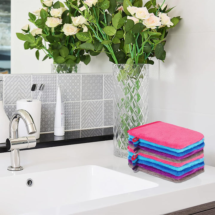 10 Pack Microfiber Body Wash Mitts, Flannel Soft Face Mitten, Bath Spa Cloth, Reusable Makeup Remover Mitt Gloves, European Style Wash Cloth,15 * 21Cm, 5 Colors