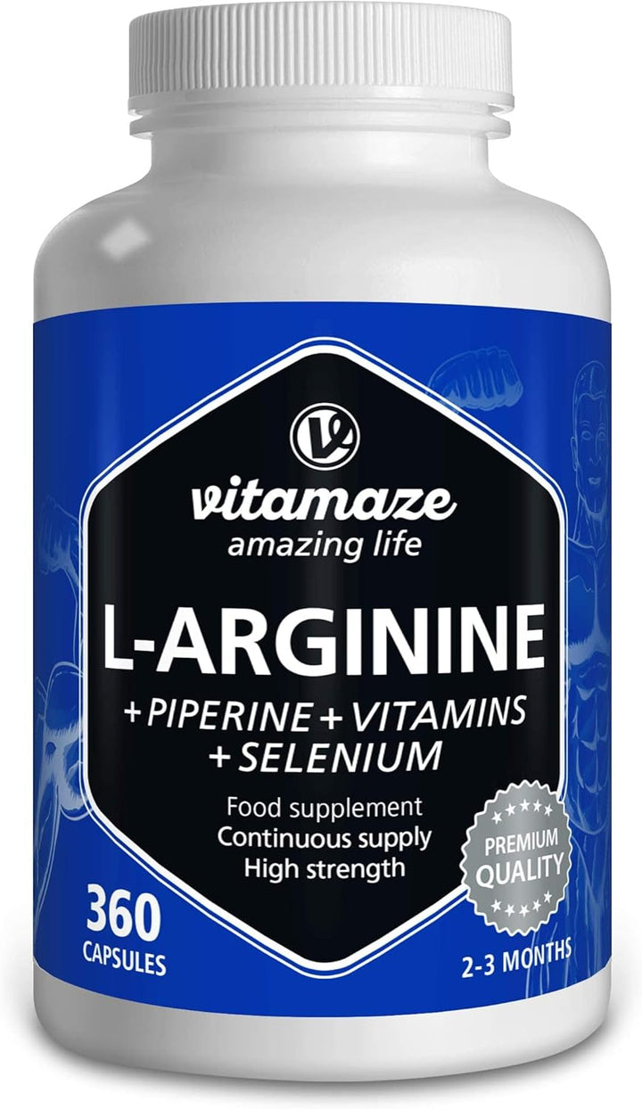 L-Arginine High Strength 4500 Mg per Daily Dosage - 360 Capsules of 750 Mg - Sport Performance Booster - Natural Supplement of Pure L Arginine without Additives, German Quality- Vitamaze