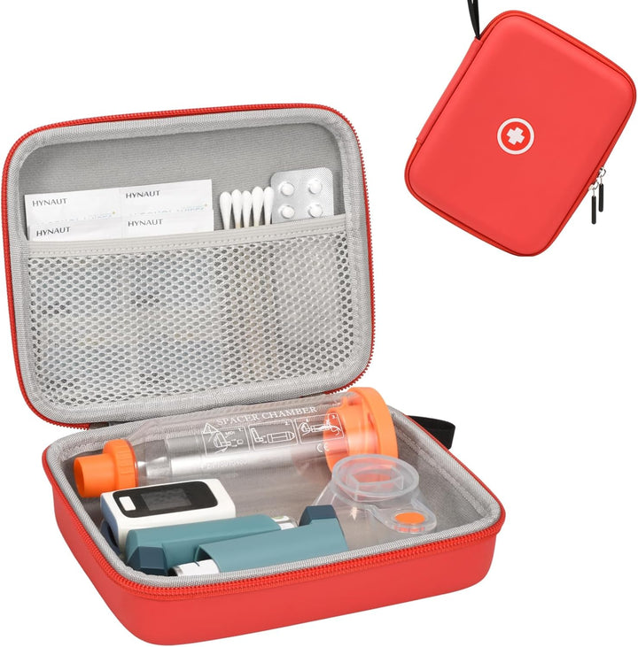 Asthma Medications Case, Hard Travel Case for Inhaler Spacer, Inhaler Mask, Pills, First Aid Supplies, Red