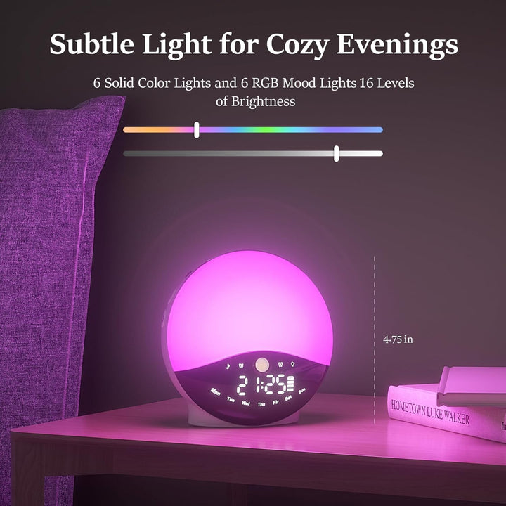 Wake up Light Sunrise Alarm Clock for Bedrooms, Rechargeable Sound Machine Night Light, 28 Sleep Sounds, 12 Colors, Dual Alarms, White Noise Sound Machine for Baby and Adults