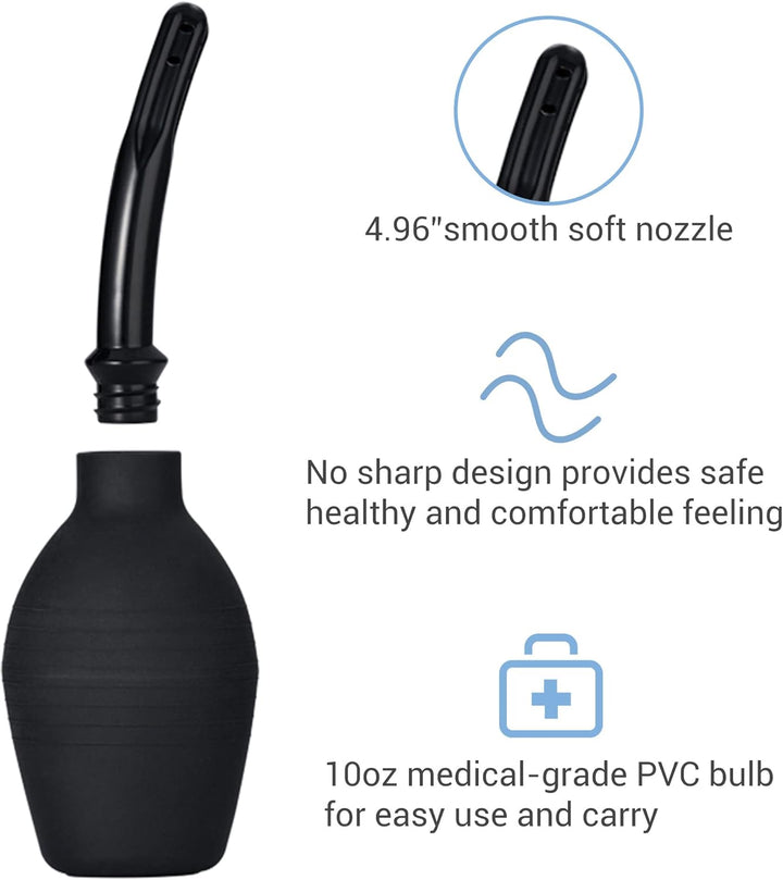 10Oz Silicone Enema Bulb Kit for Men Women Colon Cleaning Comfortable Coffee Enemas Shower Head 4.8' Tips (Black)