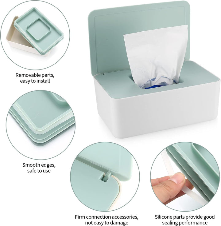 2 PCS Wipes Dispenser Case Box, Baby Dry Wet Tissue Paper Holder, Storage with Lid, Keep Fresh (White + Green Cover)