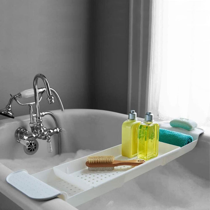 Expandable Drain Bath Shelf Caddy Tray, Multifunctional Plastic Bathtub Tray Bathroom Organizer Simple Stylish Bathtub Storage Rack for Candle Towel, Book, Wine, Phone, Shower (White)