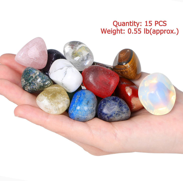 0.55Lb Healing Crystals Gemstones Set Polished Gems Stones for Kids Decorative Coloured Tumbled Bulk Chakra Spiritual Reiki Divination Meditation Rock Stone 15PCS