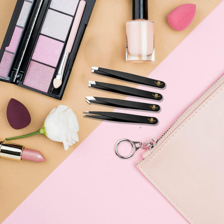 Tweezers for Facial Hair Women Professional Stainless Steel Precision Tweezers for Women & Men (4 Pack Black)