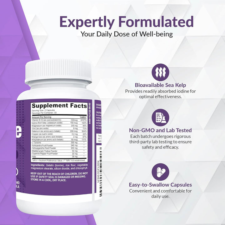 Thyrocare #1Thyro & Energy Support Supplement | Advanced Metabolism & Focus Formula with Kelp, Iodine, L-Tyrosine, Ashwaganda, B12, Selenium, Schisandra, Cayenne | 60 Capsules (Non-Gmo)