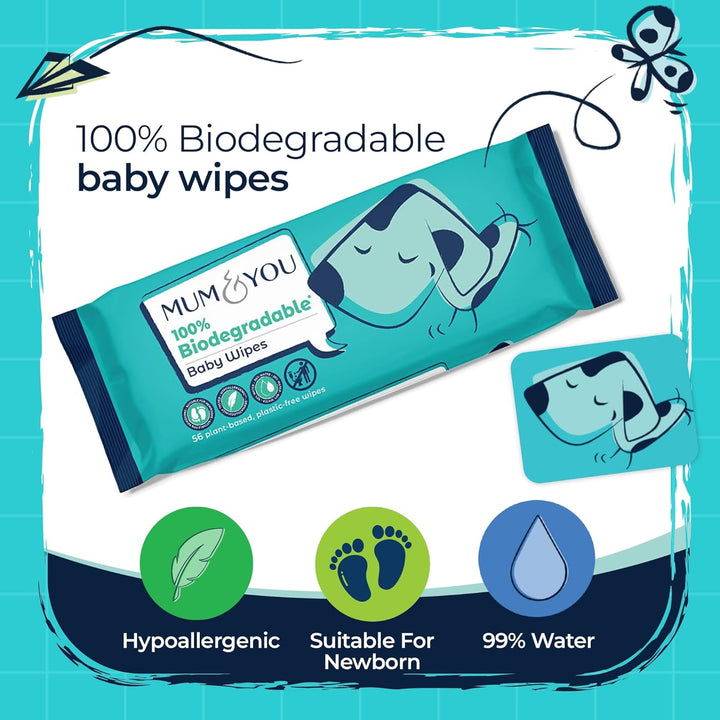 Mum & You Baby Wipes Multipack - 672 Biodegradable Wet Wipes (12 Packs) | 99.4% Water. Ideal for Sensitive Newborn Skin | Baby Wipes Bulk, Bum Wipes, Wet Tissue, Eco-Friendly Wet Wipes Baby