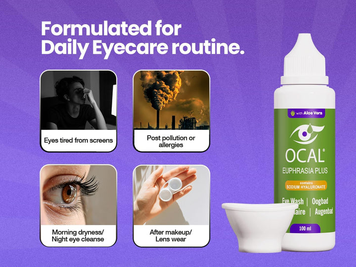 Euphrasia plus Eye Wash – 100Ml | with Aloe Vera & Sodium Hyaluronate | for Red, Tired, Gritty Eyes | Includes Eye Cup | Ph 7.2 Buffered | Gentle Daily Cleanse