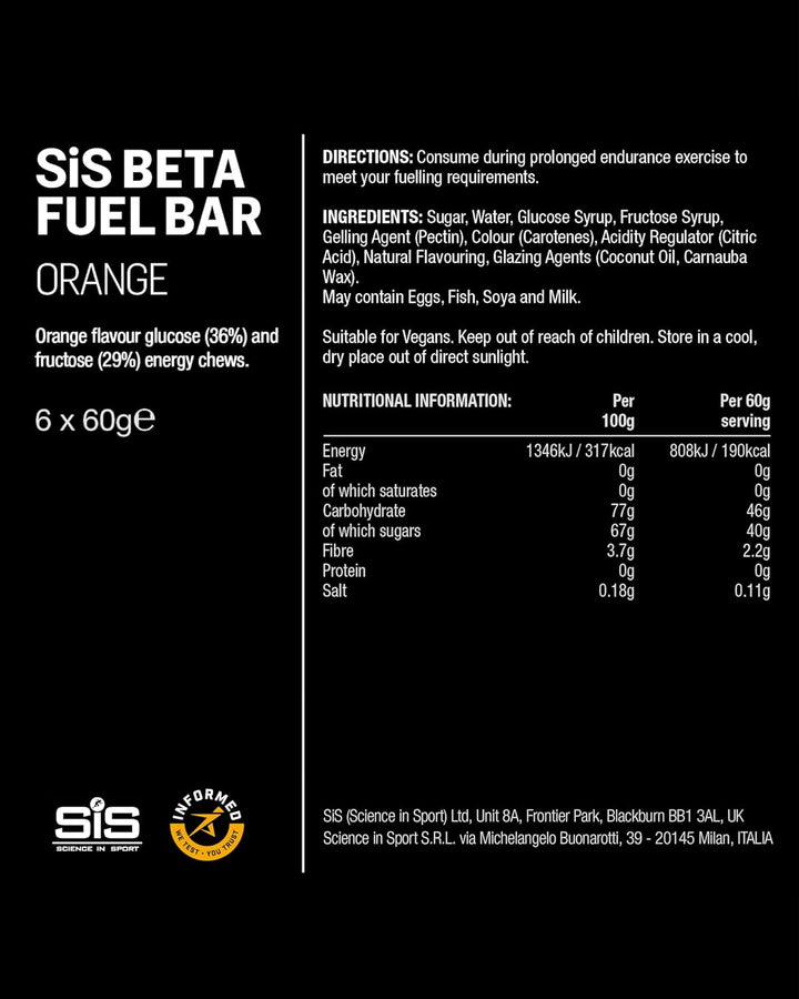 Beta Fuel Dual Source Energy Chews, Energy Bars, Orange Flavour, 46G of Carbs, 60G Bar (6 Pack)