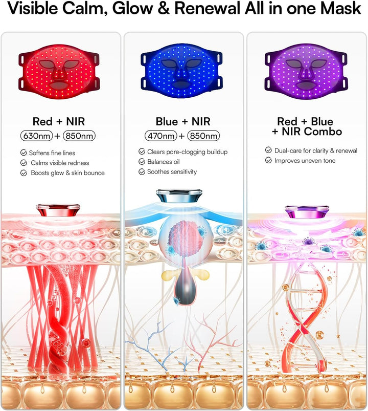 LED Face Mask – Red Light Therapy Mask with 4 Light Modes, 850Nm NIR, Red & Blue Led Mask Light Therapy, 220 Beads, Rechargeable Infrared Mask Wavelength for Acne, Anti-Ageing, Skin Care, Wrinkle