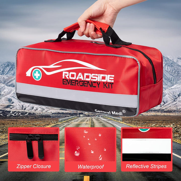 127-Pieces Roadside Car Emergency Kit Include Mini First Aid Kit, Jumper Cables,Tow Rope, Bandage, Safety Vest, Emergency Triangle, All in One Pack
