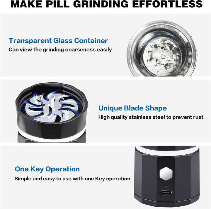 Cordless Small Electric Pill Crusher, Pill Crusher Fine Powder with Stainless Steel Grinding Head, Grind and Pulverize Multiple Pills Extremely Fine, Suitable for Travel, Home, Workplace (Black)