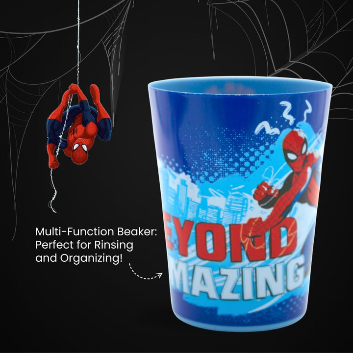Marvel Spiderman Kids Toothbrush Set - Soft-Bristle Toothbrush with Suction Cup & Protective Cap, Mint-Flavoured Toothpaste, and Multi-Purpose Beaker | Travel-Ready Oral Care Kit for Children Ages 3+