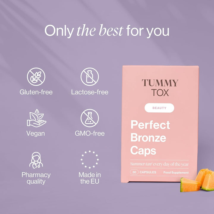 Self Tanning Capsules - Beta Carotene, Hyaluronic Acid, Lycopene, Copper, Selenium, and Vitamins - Perfect Bronze Caps, 30-Day Supply by