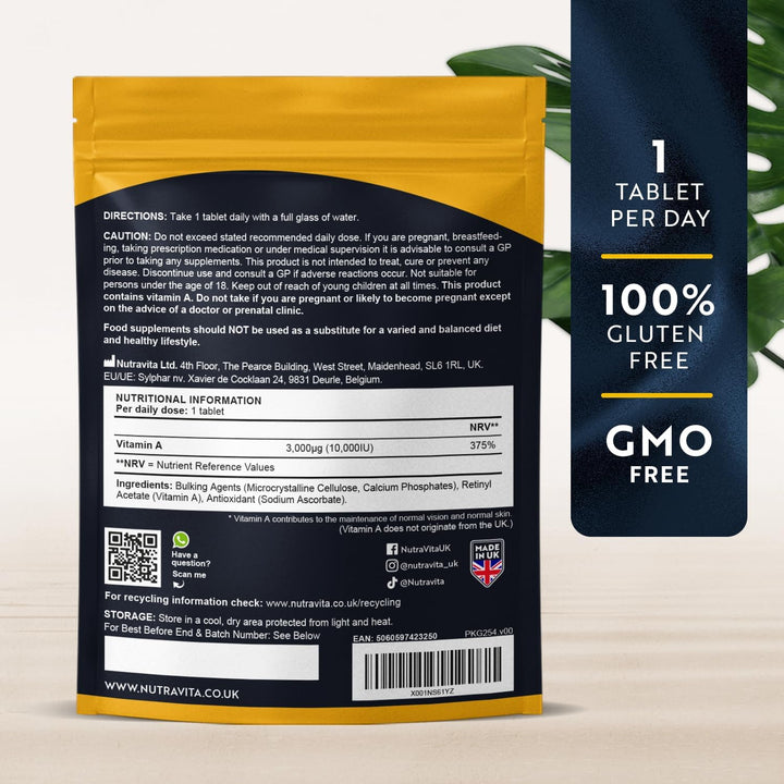 Vitamin a 10,000 IU – 365 Vitamin a Tablets (1 Year Supply) - High Strength Vitamin a Supplement for Normal Skin, Eyes & Immune System - Alternative to Vitamin a Capsules – Vegan Friendly -