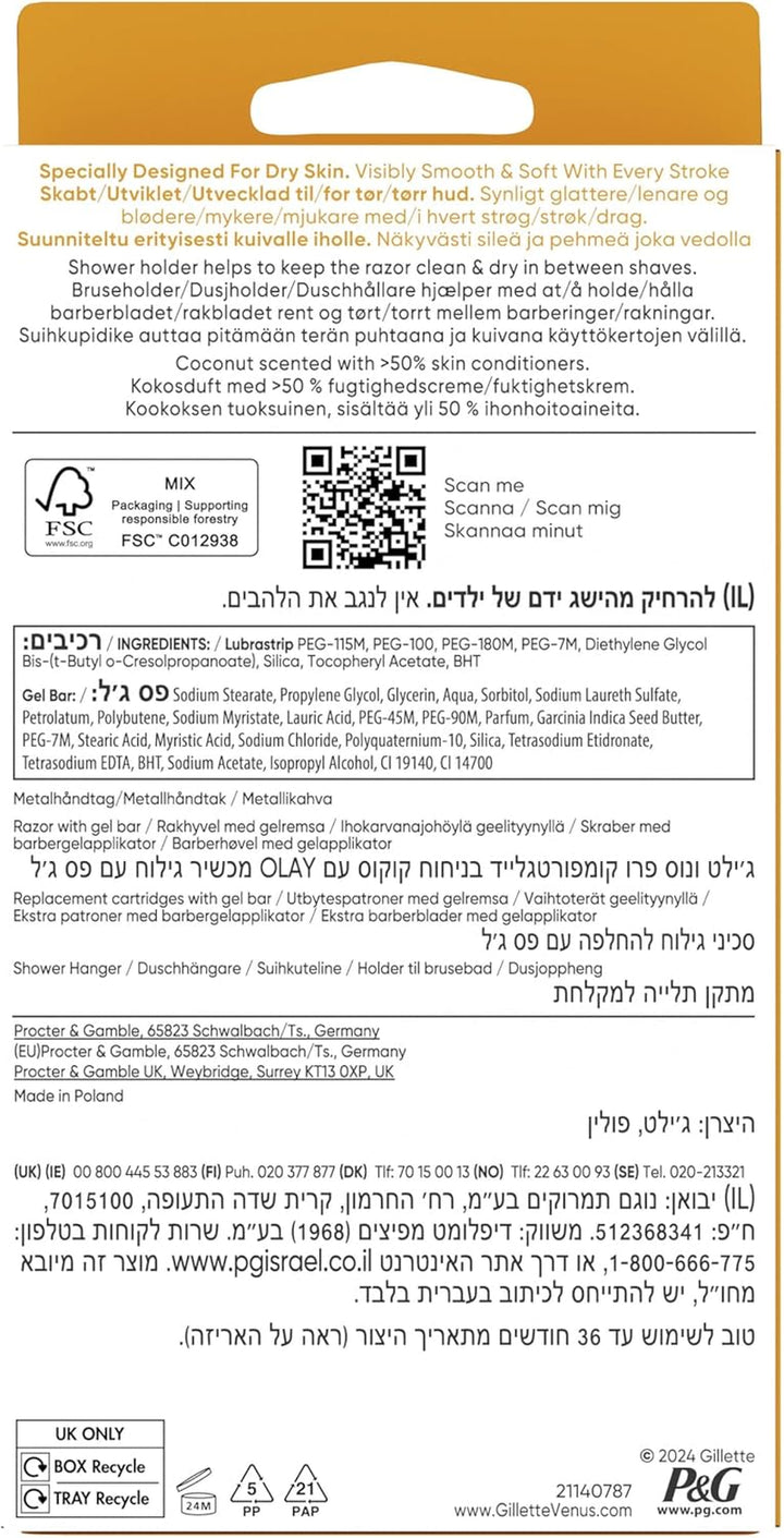 Pro Comfortglide Coconut Scented Women’S Razor with Olay Moisturiser, 1 Refill Razor Cartridges, Reusable Metal Handle and Shower Holder