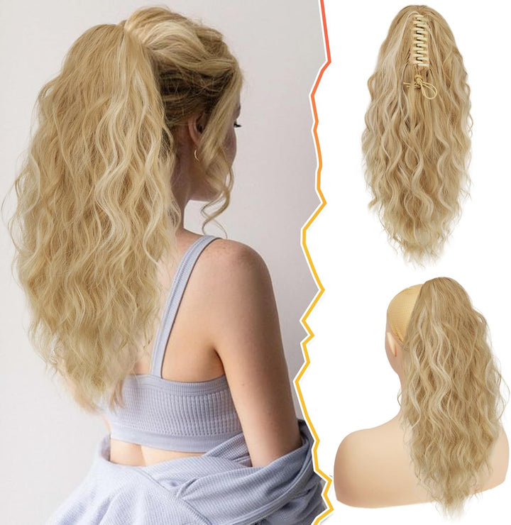 Ponytail Extension, Black Hair Claw Clip in Extensions Long Curly Wavy Hairpieces Drawstring for Natural Soft Synthetic Daily Use Party (18'', Black), 18 Inch