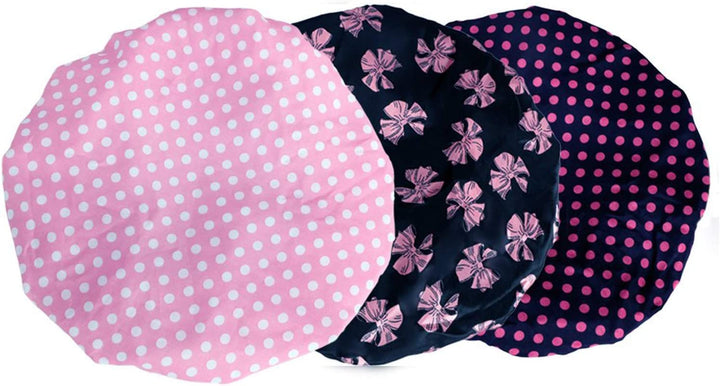 Prettydate 3 Packs Double Layer Shower Cap Waterproof Elastic Bath Cap for Women Shower Spa Salon