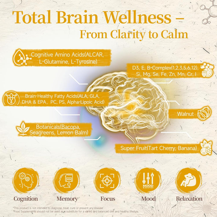 34-In-1 Nootropic Brain Supplement | Focus, Memory & Brain Fog Support Capsules | Cognitive Enhancer with Fatty Acid, Bacopa & B-Vitamins | Mental Clarity & Mood Balance | 90 Vagen Capsules