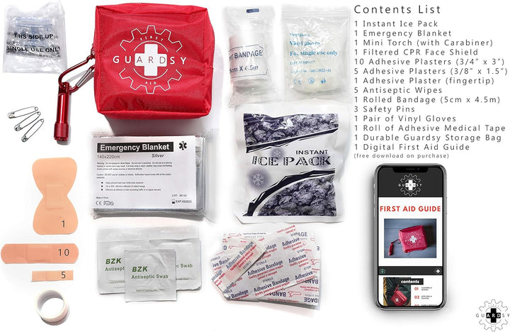 Guardsy Mini First Aid Kit | Compact Small Medical Emergency Survival Kit Perfect for Car, Travel, Hiking, Camping, Outdoor, Cycling, Running, Home, Vehicle, Sports. with Digital First Aid Guide App