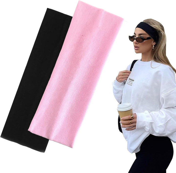 7Cm Wide Black Headbands for Women Men,  2Pack Fashion Head Bands for Women'S Hair, Soft Fabric Stretchy Hair Bands for Makeup, Yoga, Running (2Xblack)