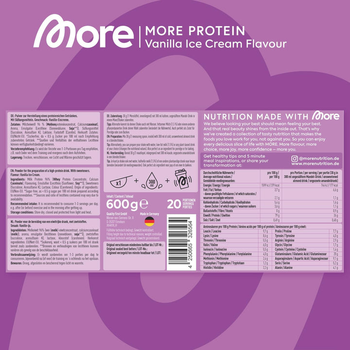 More Protein Whey Casein Protein Powder, Vanilla Ice Cream, 600 G, 1.32 Lbs, 20 Servings - with Lactase Casein protein, Slow-digesting protein, Protein supplement, Protein powder, Muscle recovery protein, Fitness protein, High protein, Natural protein, He