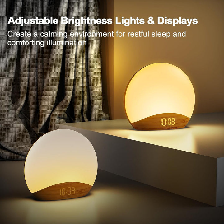Wood Wake up Light Alarm Clock, Sunrise Simulation, Bedside Lamp, White Noise Machine, 8 Colors Nightlight, Digital Dimmable Clock, 26 Natural Sounds, Snooze, Sleep Timer for Kid, Adult