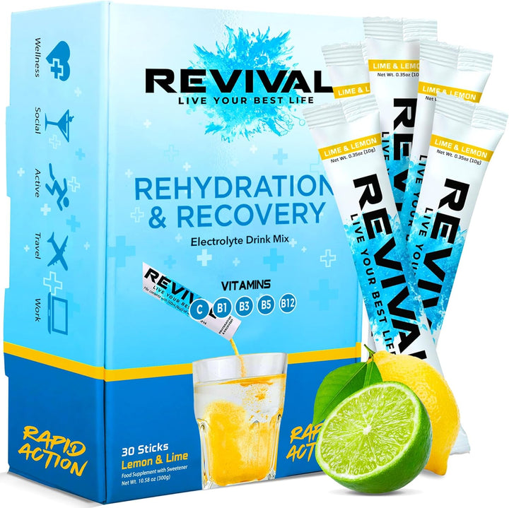 Revival Rapid Rehydration Electrolytes Powder - High Strength Vitamin C, B1, B3, B5, B12 Supplement Sachet Drink, Effervescent Electrolyte Hydration Tablets - 12 Pack Assorted Flavours