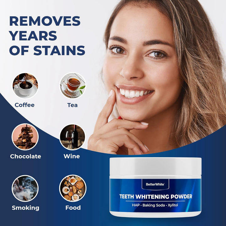 Teeth Whitening Powder - Dentist-Approved & Enamel-Safe | 6 Month Supply | Tea, Coffee, Wine & Smoking Stain Remover | Non-Sensitive Formula | Peroxide-Free | HAP, Baking Soda & Xylitol