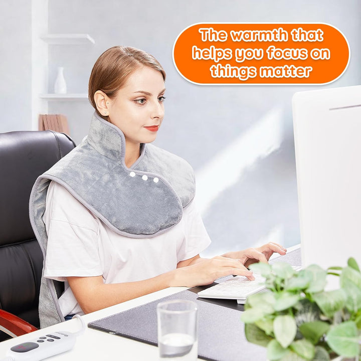 Electric Heating Pad for Back Neck and Shoulders Pain Relief, (60X100Cm) Heated Warmer Fast-Heat Hot Therapy Warp with Waist Strap, 6 Heat Levels, Auto-Off Timer - Comfort Grey