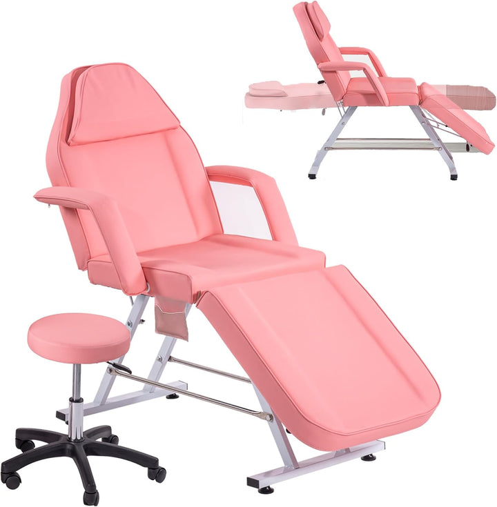 Beauty Bed with Stool Massage Table with Head Cushion 3 Section Adjustable Beauty Bed Professional Tattoo SPA Salon Chair (Black)