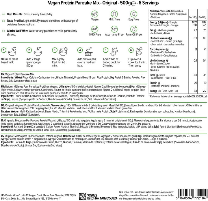 Protein Works - Vegan High Protein Pancake Mix | Low Sugar & High Protein | Slow Release Carbs | High Protein Breakfast | Plant Based Breakfast | 6 Servings | Natural | 500G