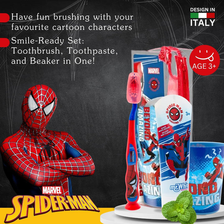 Marvel Spiderman Kids Toothbrush Set - Soft-Bristle Toothbrush with Suction Cup & Protective Cap, Mint-Flavoured Toothpaste, and Multi-Purpose Beaker | Travel-Ready Oral Care Kit for Children Ages 3+