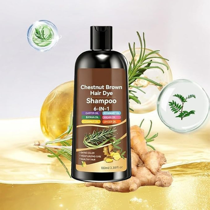 Hair Dye Shampoo, 6 in 1 Natural Herbal Ingredients Hair Colour Shampoo, Grey Hairs Beard Coverage, Non-Irritating & Nourishing, Instant & Easy for Men Women (Chestnut Brown)