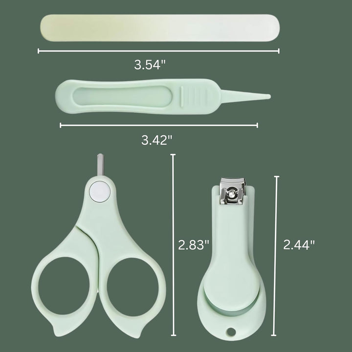 Baby Nail Manicure Pedicure Grooming Care Kit (4 Pack)| Clippers Scissors File Tweezers | Newborn Infant Toddler Kids |Green|