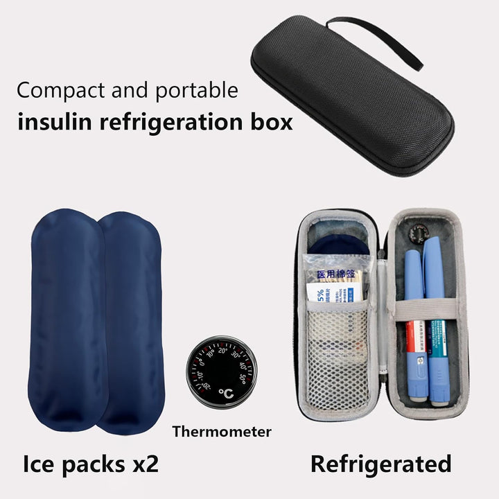 Medicine Refrigerated Travel Box, Medicine Refrigerated Bag with 2 Ice Packs and Thermometer, Insulin Cooler Travel Case, Easy to Carry Refrigerated Box (Black)