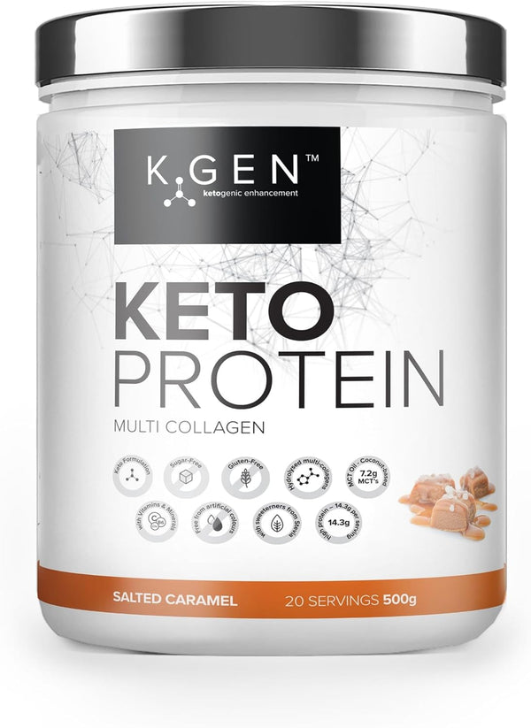 K-GEN™ Keto Collagen Protein Powder Advanced Salted Caramel Powder with Multi Collagen Blend, Coconut MCT, Vitamin C + B6 Stevia | UK Made for Keto, Paleo & Primal | Free-From: Sugar & Gluten