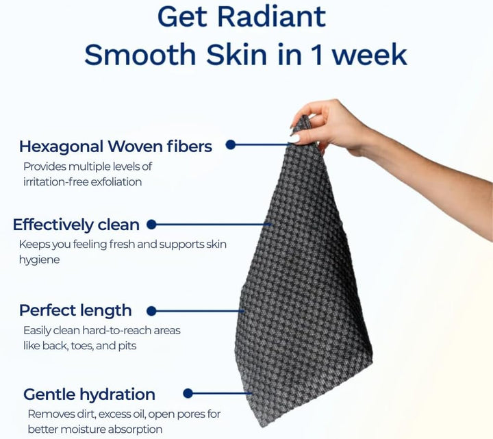 Exfoliating Washcloth Face & Body Scrub Towel - Japanese Exfoliating with Hexagon Fibers, Body Scrubber with 2 Sides for Scrubbing & Washing, Extra Long Towel (Black)