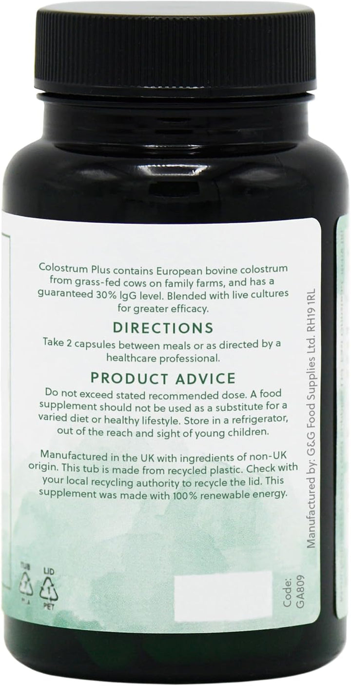 Colostrum plus Capsules - Bovine Colostrum from Grass-Fed Cows - Min 30% Igg Level - 60 Capsules - Non-Gmo, Made in the UK by