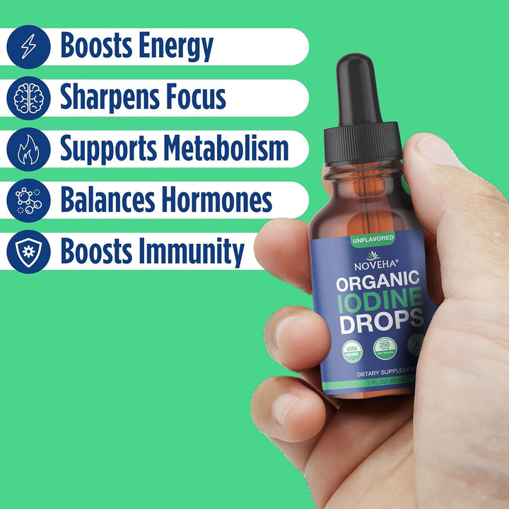 Iodine Drops | Organic Potassium Iodide Supplement | Daily Support for Thyroid Function & Wellness | 250 Mcg per Serving | USDA Organic, Vegan, Non-Gmo, Gluten-Free | 30-Month Supply