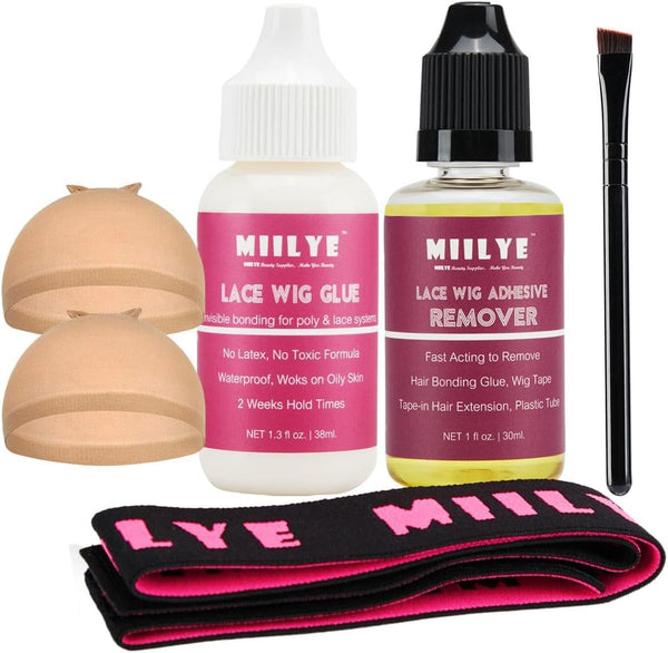 Wig Glue for Front Lace Wigs and Remover Set, Invisible Waterproof Bonding Glue + Solvent + Lace Melting Band + Application Brush