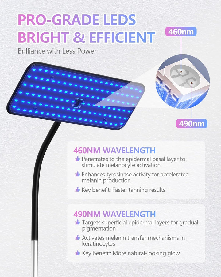 Tanning Lamps with Retractable Base,Lightweight Portable Solarium for Home, 50W Skin Sun Lamp, Tanning Lamp for Face and Body with 126 LED,460NM+490NM Blue Light Therapy Wavelength for Home Use