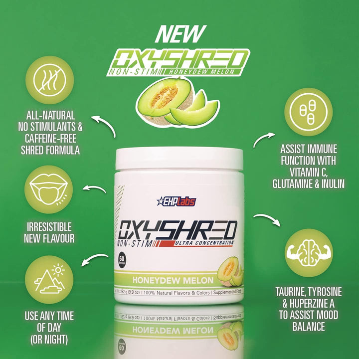 Oxyshred Non Stimulant Thermogenic Pre Workout Powder & Shredding Supplement - Pre Workout Powder with L Glutamine & Acetyl L Carnitine, Energy Boost Drink - Honeydew Melon, 60 Servings