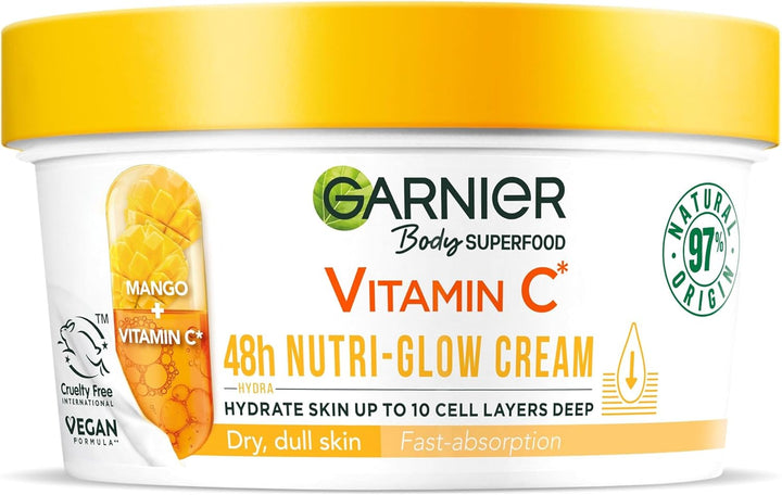Body Superfood, Nutri Glow Body Cream, Vitamin C & Mango, for Dry & Dull Skin, Brightening & Glowing, Nourishing & Fast Absorbing, Vegan Formula, Approved by Cruelty Free International, 300Ml